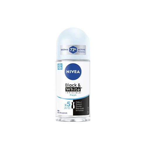 مزيل العرق نيفيا رول أون بلاك آند وايت انفيسيبل فريش 50مل - NIVEA Black & White Invisible Fresh 72h Active 50ml